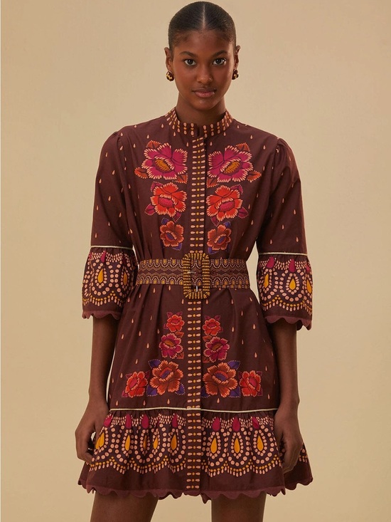 FARM Rio Dresses & Skirts - NWT FARM RIO Brown Bright Flora Short Sleeve Mini Dress